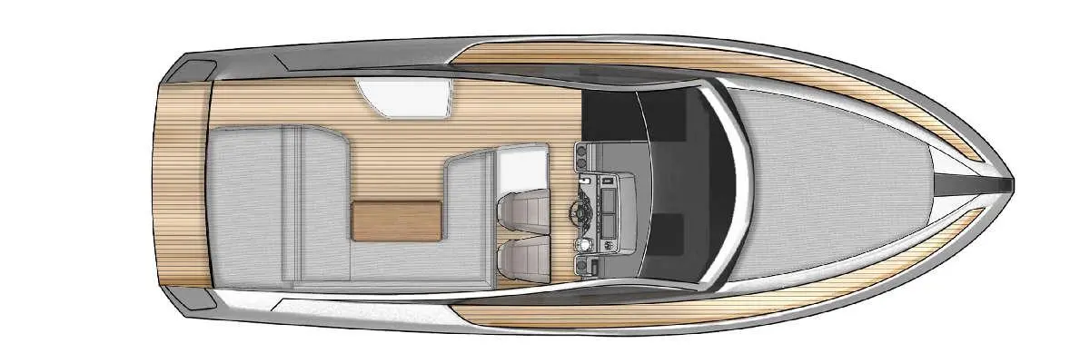 Top view of a motorboat showing seating areas, a control dashboard, and wooden flooring. Ideal design for leisure boating.